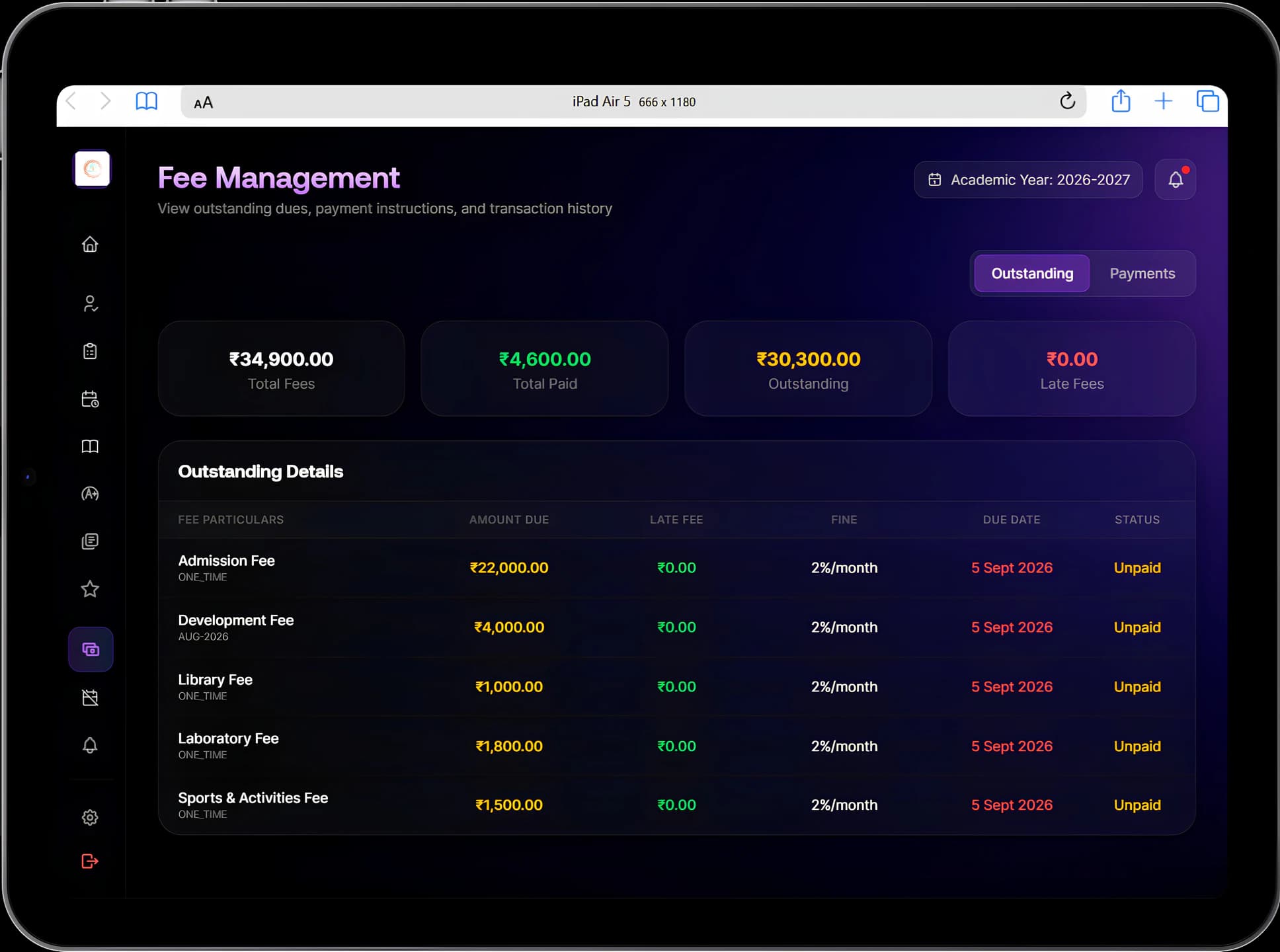 Fee management with total, paid, outstanding and late fees, and outstanding fees listed with amount due, late fee, due date and status