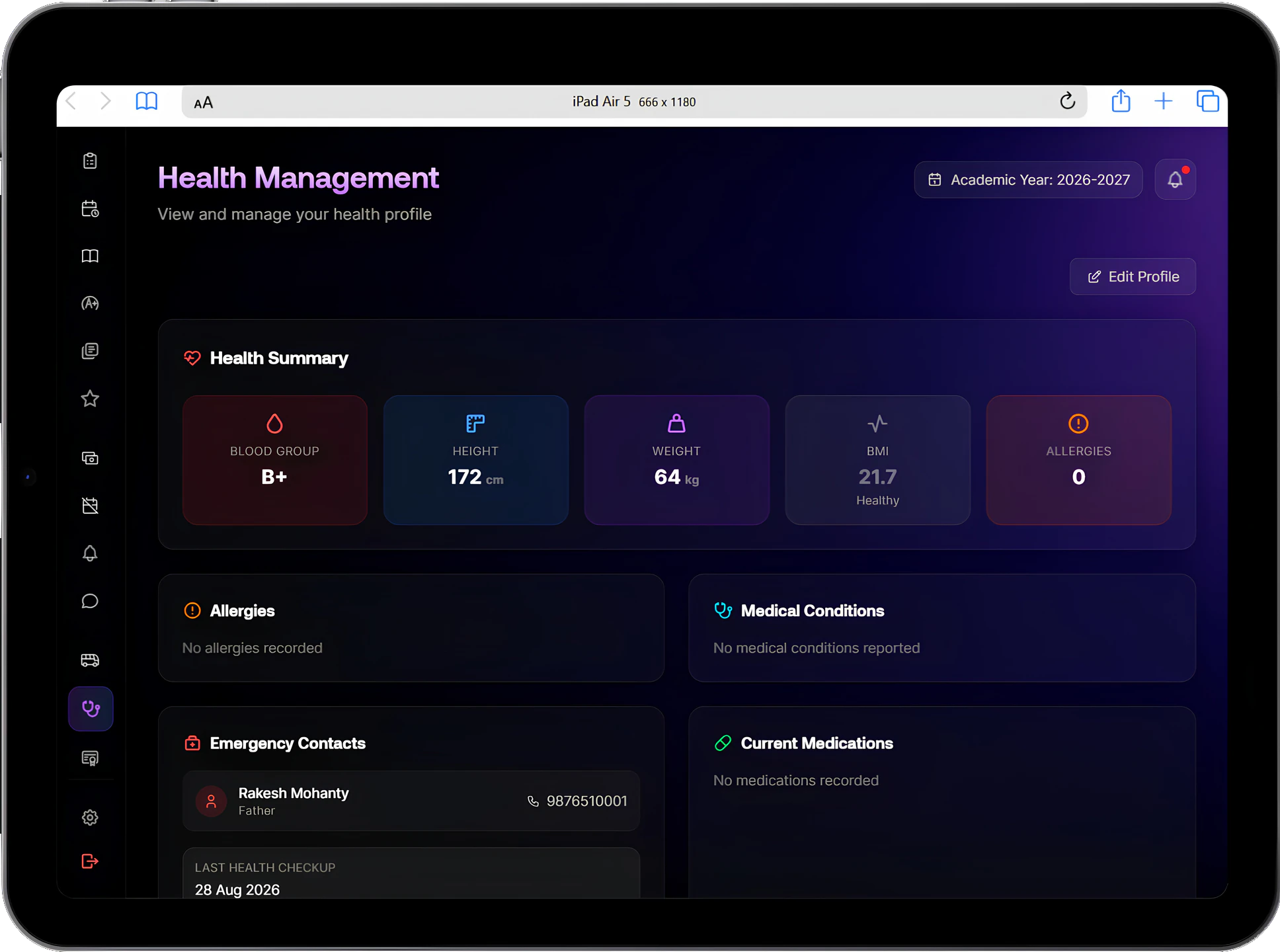 Health profile with blood group, height, weight, BMI and allergy count, plus medical conditions, emergency contacts and current medications
