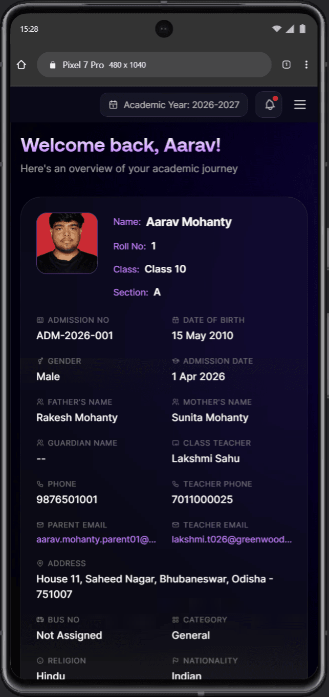 Student dashboard on a phone with admission number, date of birth, guardian names and class teacher contact
